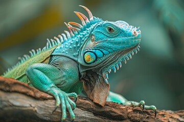 A detailed photograph capturing a bright green iguana sunbathing on a tree branch in its native environment