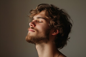 Obraz premium A close up of a man with beard and closed eyes looking to a side