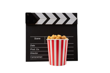 popcorn clapper board isolated,sweet caramel pop corn, cinema snack, film production,...