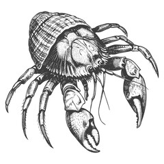 Hermit crab animal with engraving style black color only