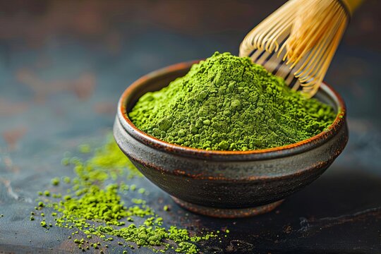 A bowl of matcha green tea powder with a bamboo whisk, top view, conveys tradition and artisanal preparation, scifi tone, colored pastel