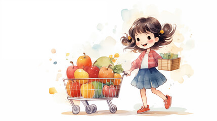 The girl pushed the shopping cart, flowers, fruits