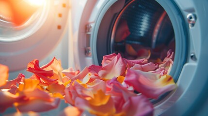 Naklejka premium Washing Machine with Flower Petals and Detergent.