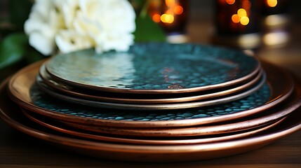 Obraz premium A close-up of hammered copper with rich patina and oxidized textures, offering a luxurious and vintage-inspired background that adds warmth and character to jewelry and home decor designs. Minimal