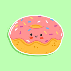 Sticker Doughnut character. Vector hand drawn cartoon kawaii character illustration icon. Isolated on green background. Doughnut character concept