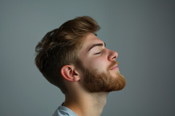 Obraz premium A close up of a man with beard and closed eyes looking to a side