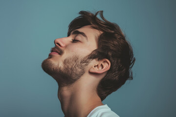 Obraz premium A close up of a man with beard and closed eyes looking to a side