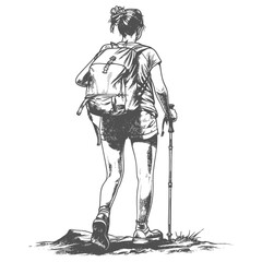 hiking woman full body with engraving style black color only