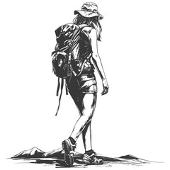 Fototapeta premium hiking woman full body with engraving style black color only