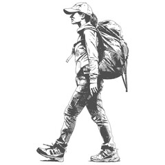 Fototapeta premium hiking woman full body with engraving style black color only
