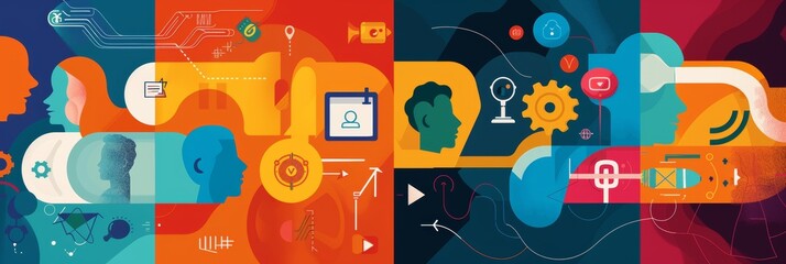 Digital Communication Infographic. A vibrant four-panel infographic banner showcasing a range of digital communication tools and concepts, ideal for professional networking sites.