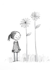 An adorable black and white sketch of a little girl standing among two beautiful daisies.
