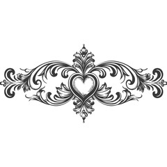horizontal line divider with Hearth shape Baroque engraving style black color only