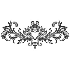 horizontal line divider with Hearth shape Baroque engraving style black color only