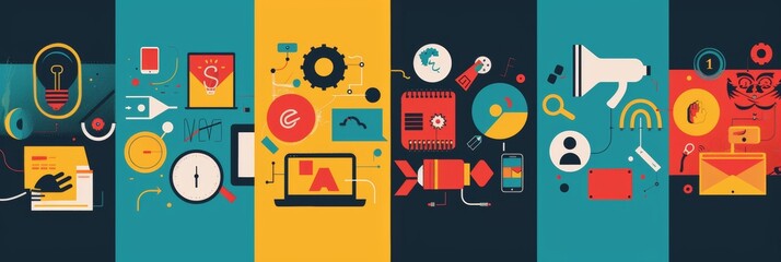 Digital Communication Infographic. A vibrant four-panel infographic banner showcasing a range of digital communication tools and concepts, ideal for professional networking sites.