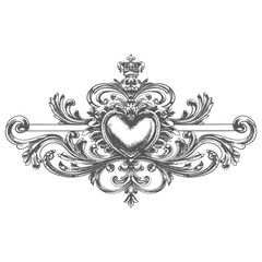 horizontal line divider with Hearth shape Baroque engraving style black color only