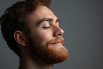 A close up of a man with beard and closed eyes looking to a side