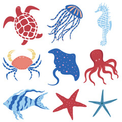 Naklejka premium Vector Illustration of Sea Animals on the White Background. Set.