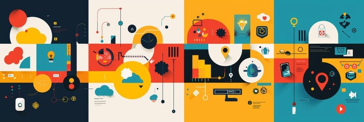 Digital Communication Infographic. A vibrant four-panel infographic banner showcasing a range of digital communication tools and concepts, ideal for professional networking sites.