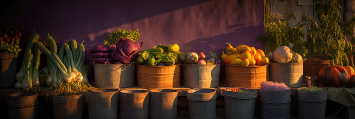 Fototapeta premium various vegetable containers on the edge of a market stall near sunset. Banner