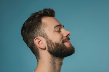 Obraz premium A close up of a man with beard and closed eyes looking to a side