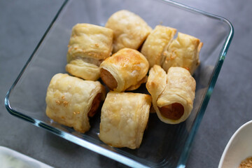 Homemade mini sausage puff pastry just out of the oven.