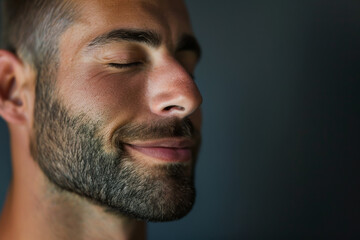 Obraz premium A close up of a man with beard and closed eyes looking to a side