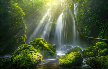 A misty waterfall cascades down mosscovered rocks, with rays of sunlight piercing through the dense forest canopy