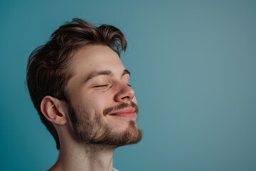 Fototapeta premium A close up of a man with beard and closed eyes looking to a side