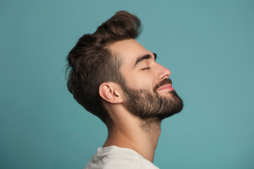 Fototapeta premium A close up of a man with beard and closed eyes looking to a side