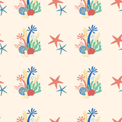 Vector Seamless Pattern with Starfish and Seaweeds.