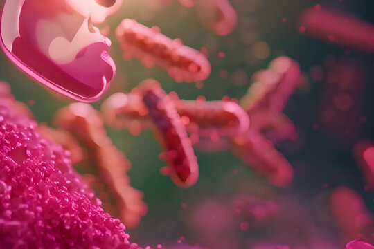 red bacteria or microorganisms floating in a microscopic environment, highlighting their cellular structures