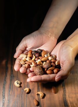 hands holding handful of paradise nuts on a wooden table