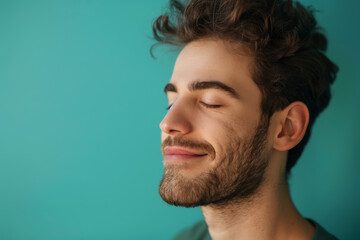 Obraz premium A close up of a man with beard and closed eyes looking to a side