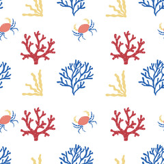 Vector Seamless Pattern with Crab and Seaweeds.