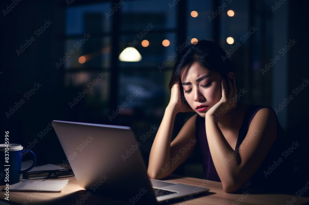 Wall mural tired and sleepy woman working in front of laptop till late in office