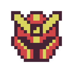 Red masks pixel art icon, armor warrior, space pilot helmet, web site, games logo, sticker design. Pixel art style. Isolated vector illustration.