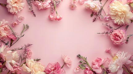 A flat lay image of pink and white flowers arranged around a pastel pink background. The flowers create a frame, leaving space for text or a product