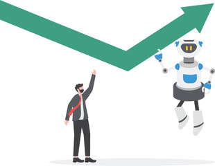 Robot with artificial intelligence pushing an arrow graph up. Artificial intelligence business concept.

