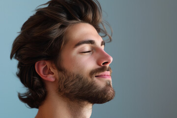 Obraz premium A close up of a man with beard and closed eyes looking to a side