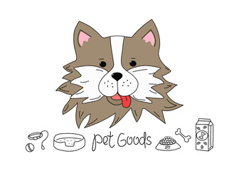 Cartoon dog. Cute funny puppy. Banner, pet goods. Food, products for dogs. Hand lettering, inscription. Vector linear icons. Cheerful pet. Vector illustration on isolated background.