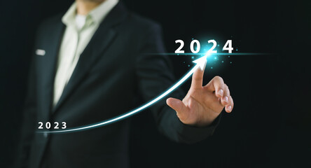 2024 new year opportunity concept. Business start up, target, goal action plan success growth, market trend 2023-2024. Annual plan development. Businessman, increase arrow challenge business strategy