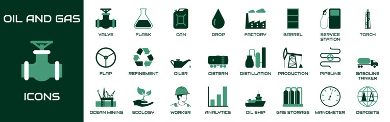 Oil and gas icon set. Collection contains valve, flask, can, drop, factory, barrel, service station, torch, flap, refinement, oiler, cistern, distillation and other icons.