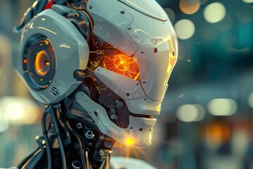 Close-Up of Cybernetic Robot Head, Futuristic Technology