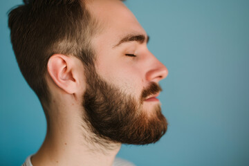 Obraz premium A close up of a man with beard and closed eyes looking to a side