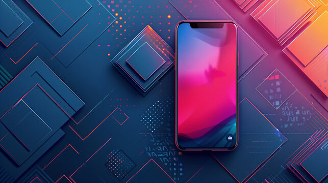 Modern digital flyer template for app promotion with geometric background and smartphone mockup