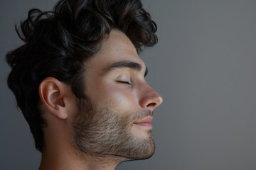 Fototapeta premium A close up of a man with beard and closed eyes looking to a side