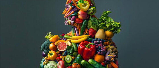 A vibrant human silhouette made entirely of various fresh fruits and vegetables, showcasing healthy eating and creativity. - Powered by Adobe