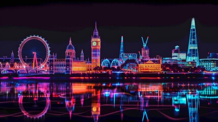 Obraz premium Neon Reflections London. : Iconic London landmarks reflected in vibrant neon colors, creating a futuristic and surreal cityscape.