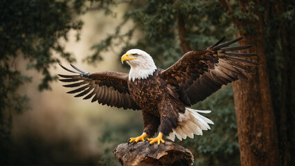 bald eagle, sitting on rock, spreading his wings, in forest